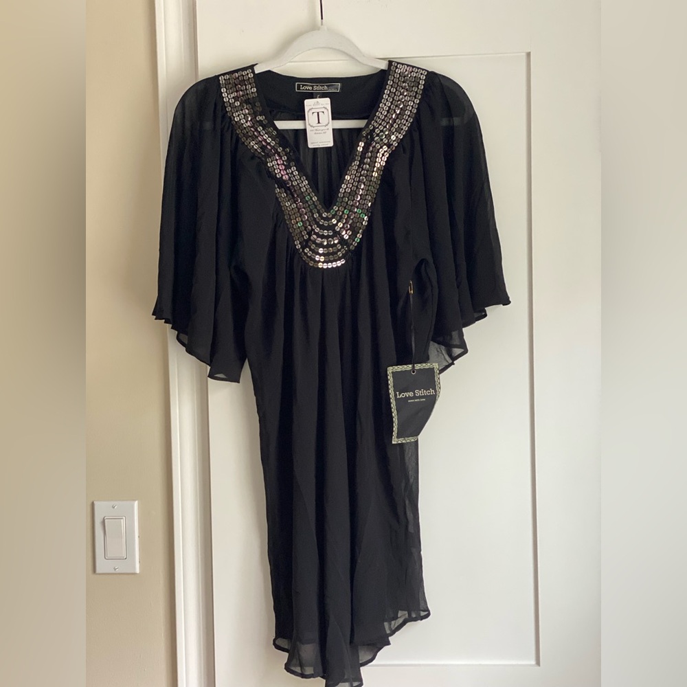 Love Stitch Black Beaded Tunic Dress cover up size L Fairy Grunge